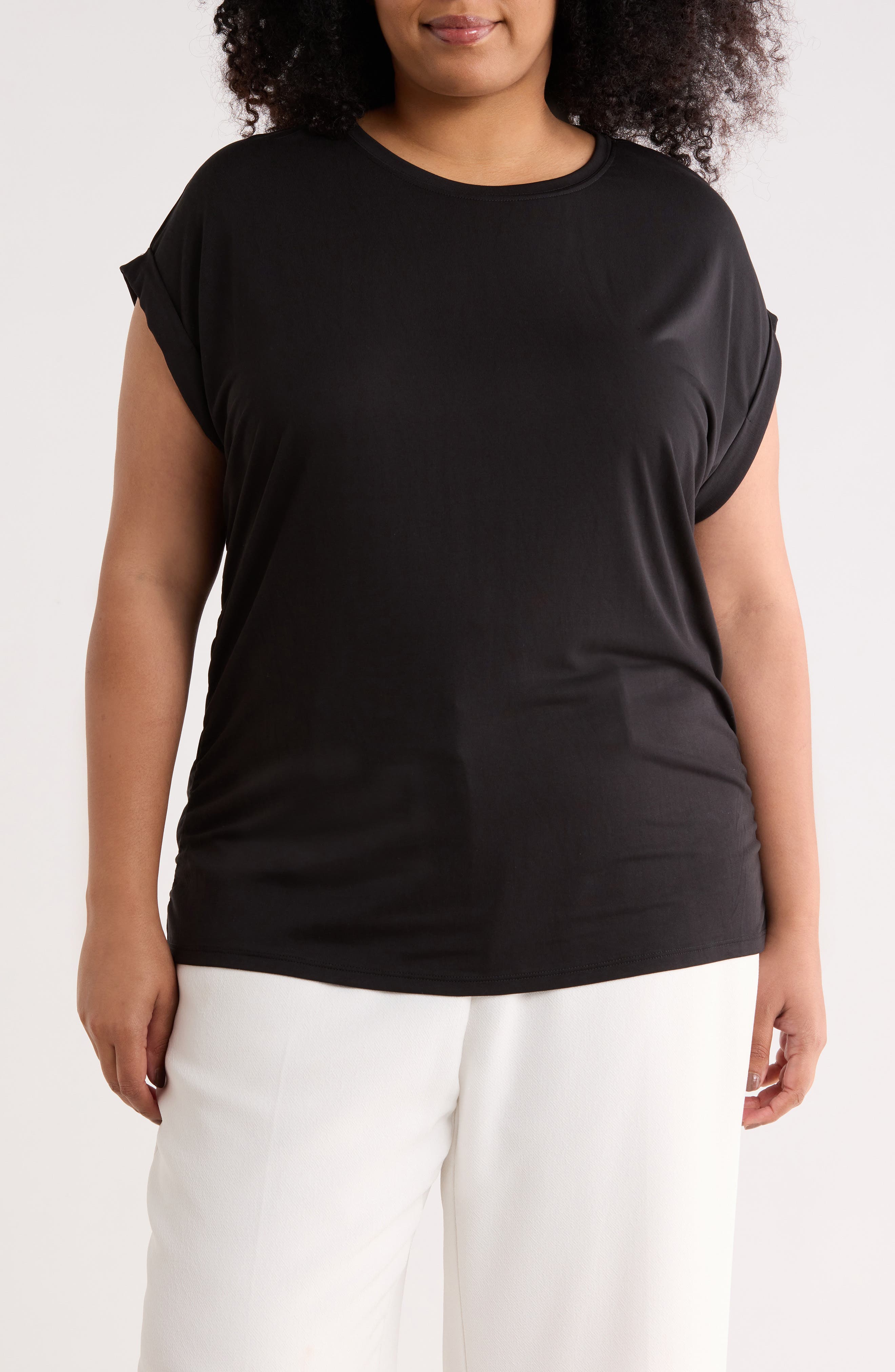 T Tahari Cuff Short Sleeve Ruched T-Shirt