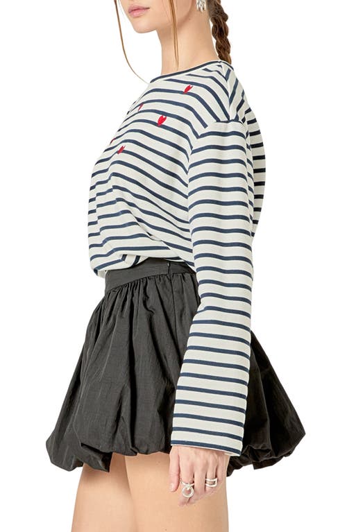 English Factory Heart Embroidered Stripe Cotton Top In White/navy