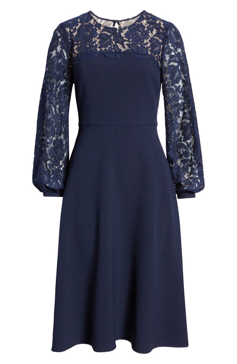 Eliza J Lace Long Sleeve Midi Dress, Alternate, color, Navy