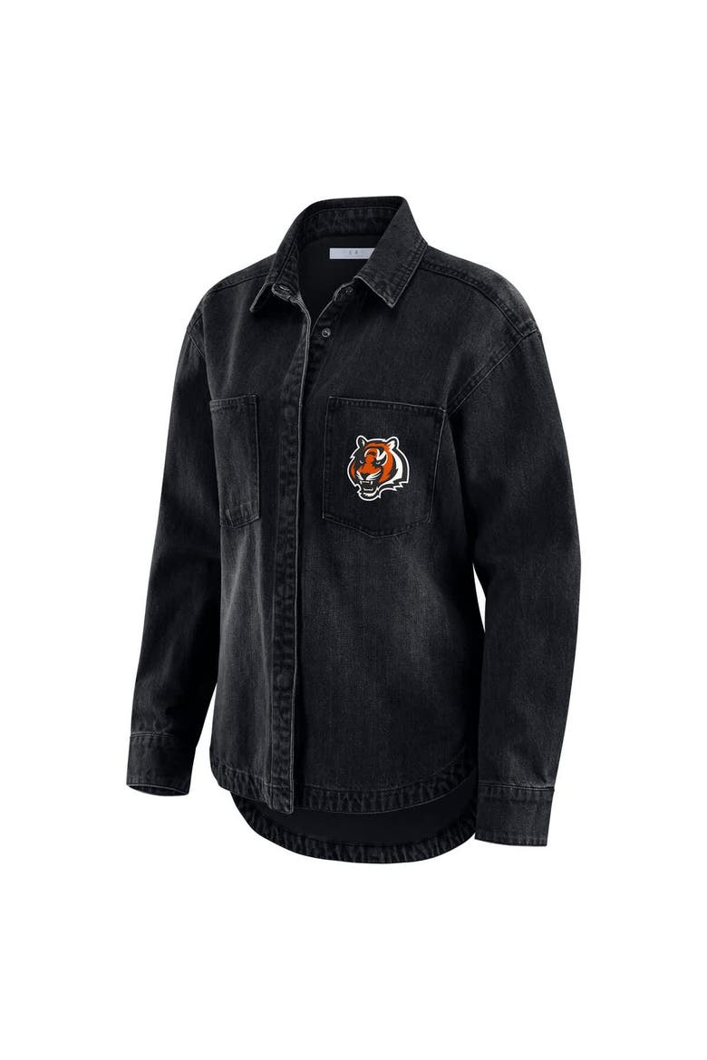 Women's WEAR by Erin Andrews Black Cincinnati Bengals Washed Oversized Denim Full-Snap Shacket, Alternate, color, Black