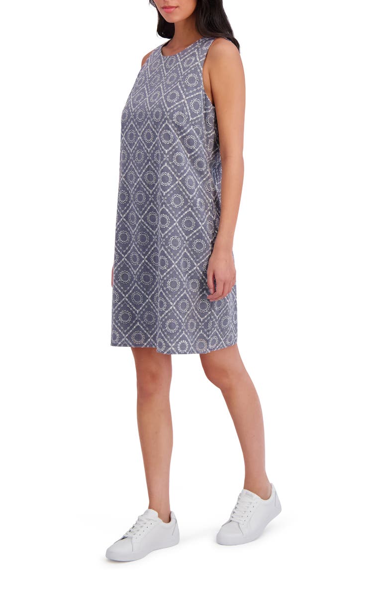 London Times Sleeveless Embroidered Eyelet Cotton Shift Dress, Alternate, color, Chambray White