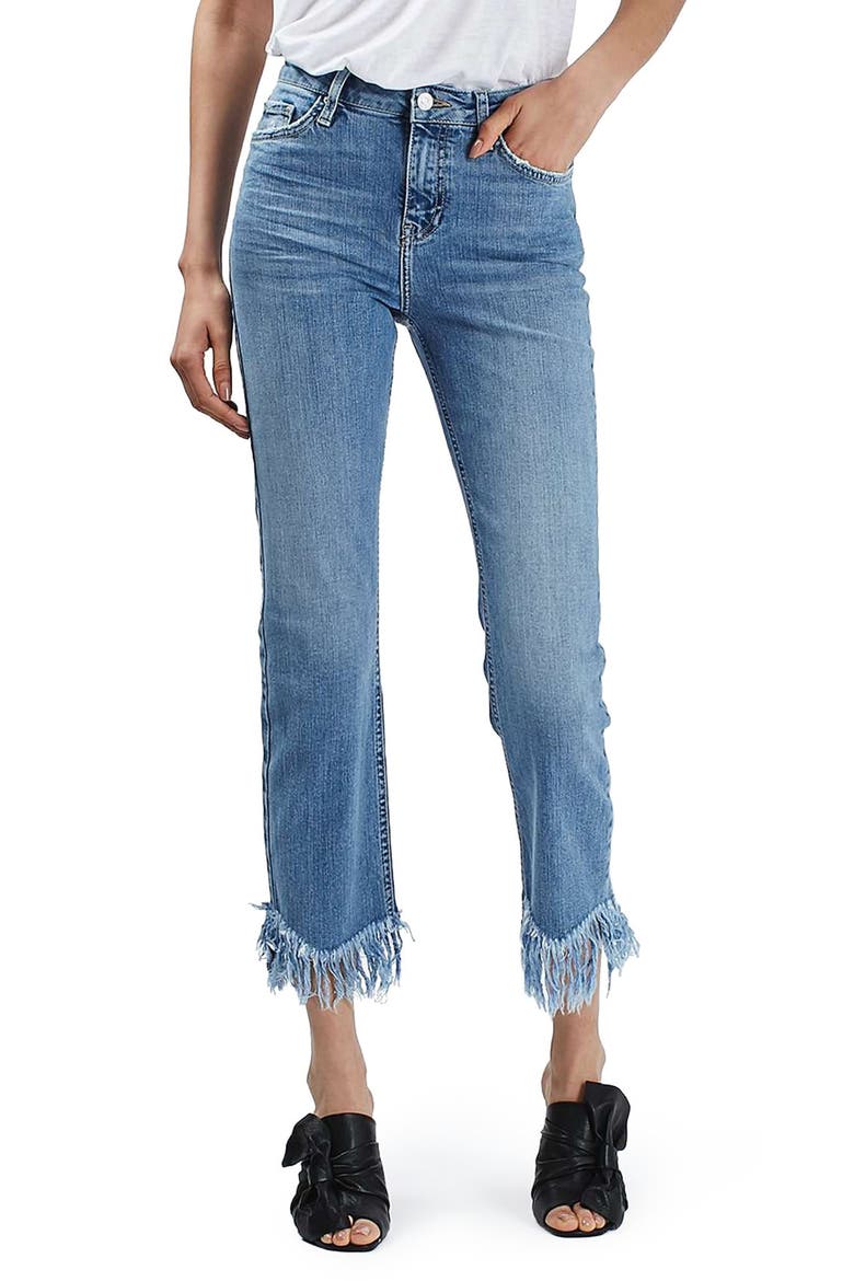 Fringe Hem High Rise Jeans, Main, color, MID DENIM