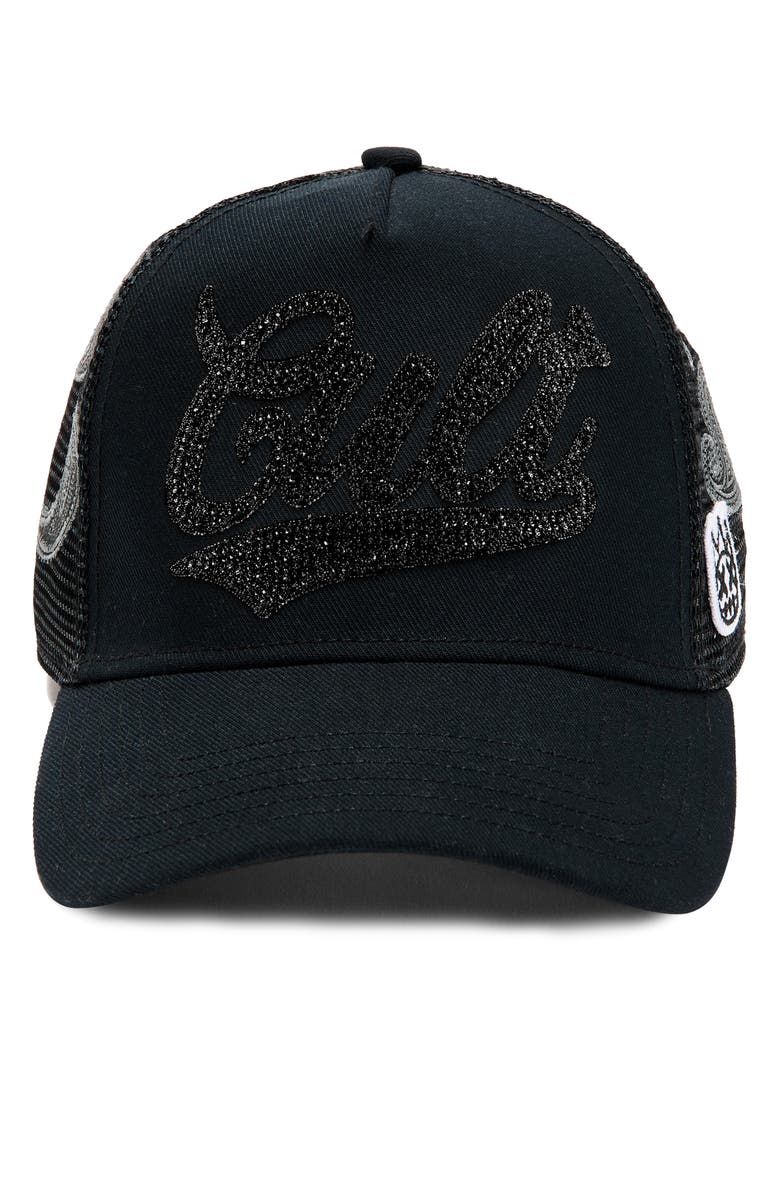 Cult of Individuality Paisley Crystal Logo Trucker Hat, Alternate, color, Black