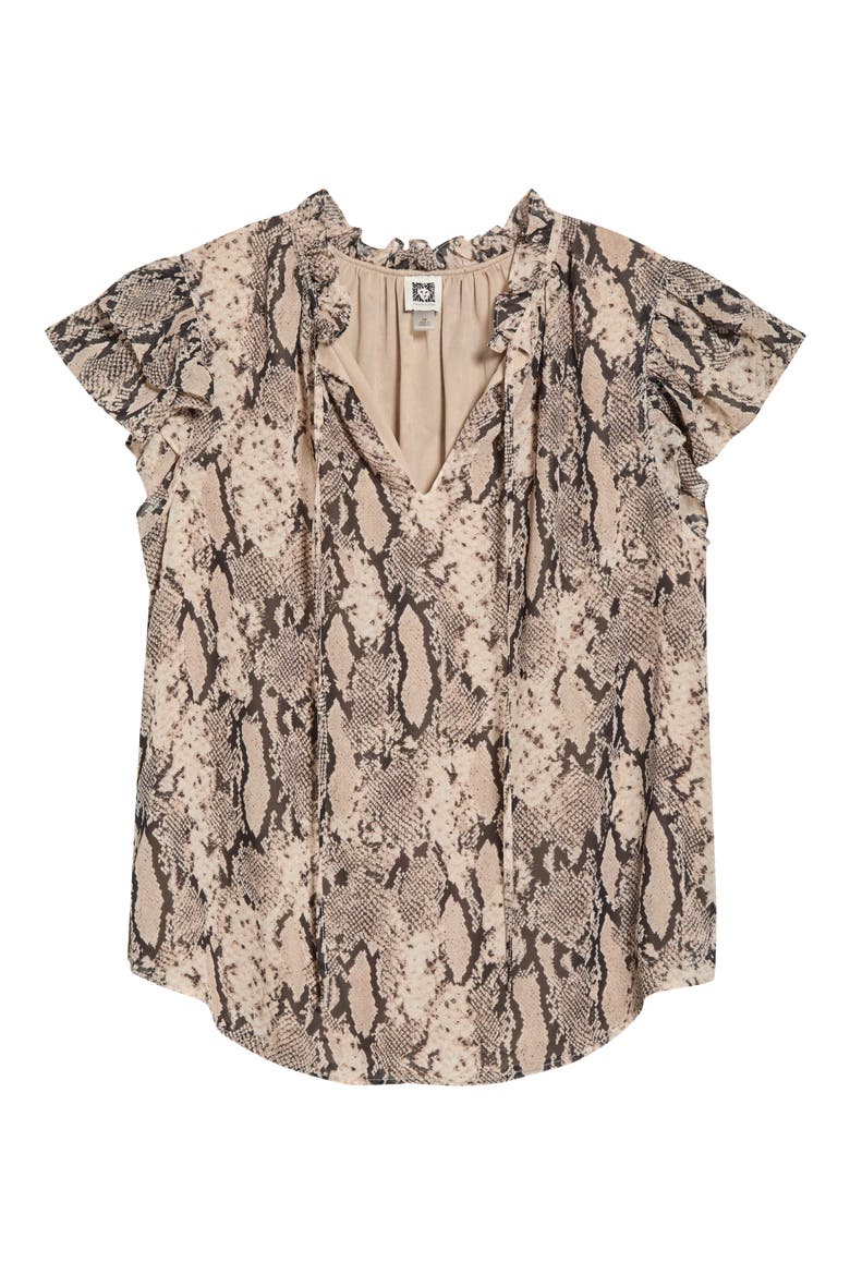 Ruffle Sleeve Faux Snakeskin Tie Neck Top, Alternate, color, NATURAL CLAY MULT