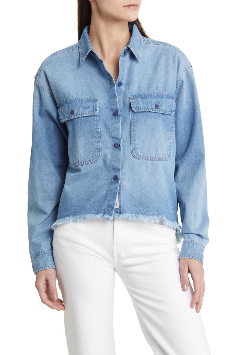 Raw High-Low Crop Cotton Denim Shirt, Main, color, DENIM