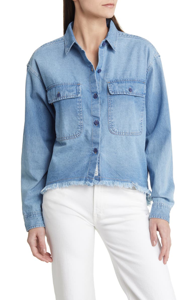 Lucky Brand Raw High-Low Crop Cotton Denim Shirt, Main, color,