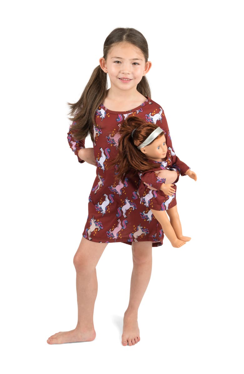 Leveret Girls Long Sleeve Nightgown with Matching Doll Nightgown, Printed Design, Alternate, color, Unicorn