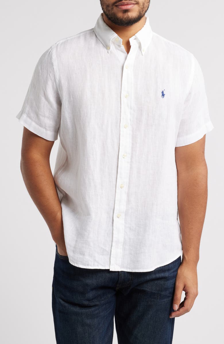Polo Ralph Lauren Piece Dye Linen Short Sleeve Button-Down Shirt, Main, color, White