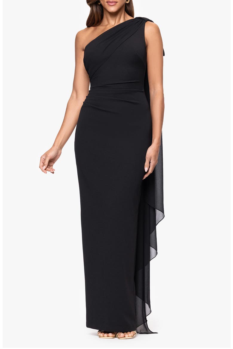 Scarf Detail One-Shoulder Scuba Crepe Sheath Gown, Main, color, BLACK
