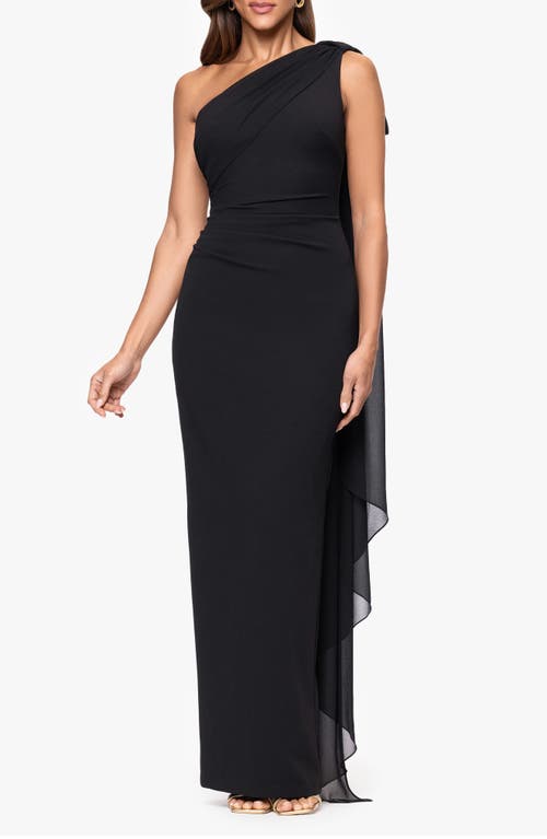Xscape Evenings Scarf Detail One-shoulder Scuba Crepe Sheath Gown In Black