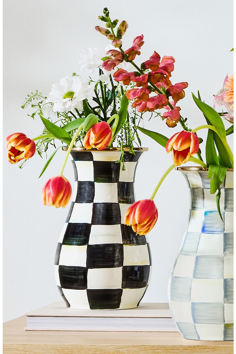 Courtly Check Enameled Steel Tall Vase, Alternate, color, BLACK/ WHITE