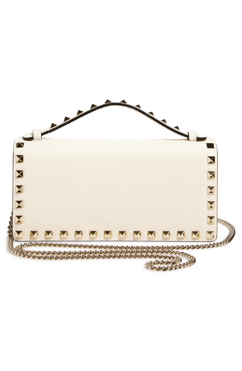 Valentino Garavani Rockstud Leather Wallet on a Chain, Alternate, color, Light Ivory