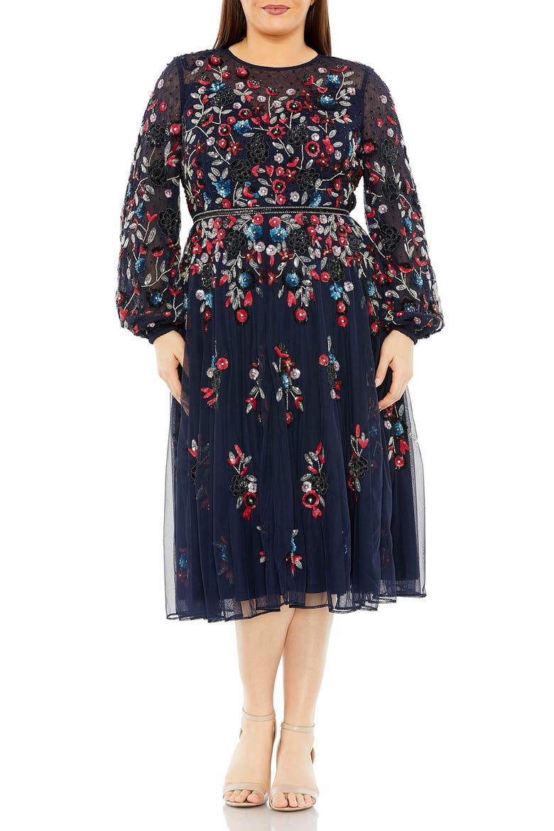 Long Sleeve Beaded Cocktail Dress, Main, color, Midnight