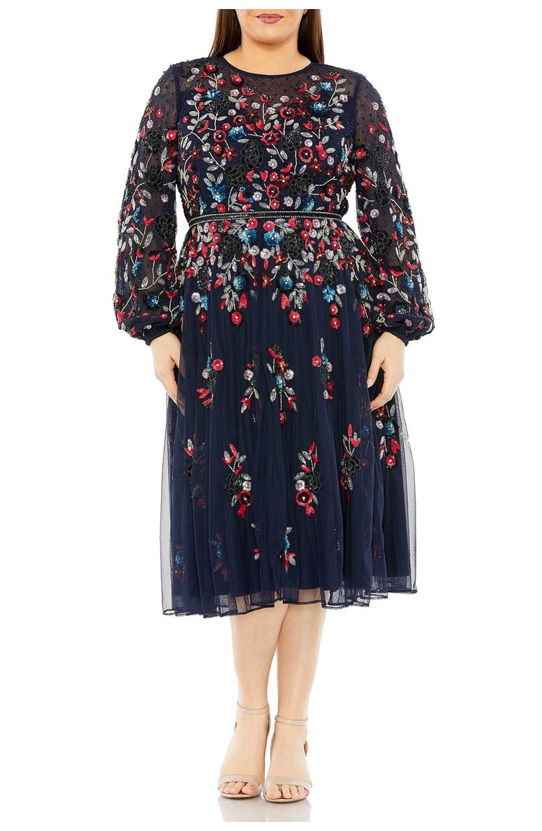 Mac Duggal Long Sleeve Beaded Cocktail Dress, Main, color, Midnight