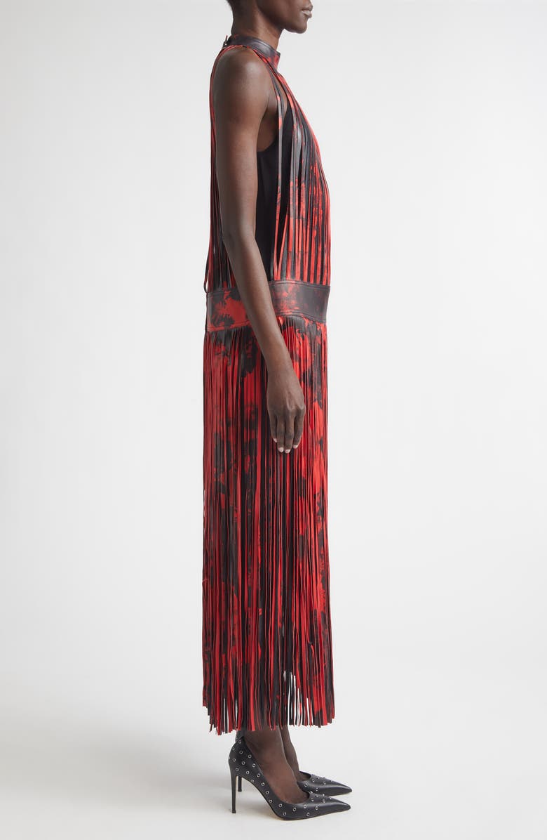 McQueen Floral Fringe Leather Maxi Dress, Alternate, color, Black/ Red