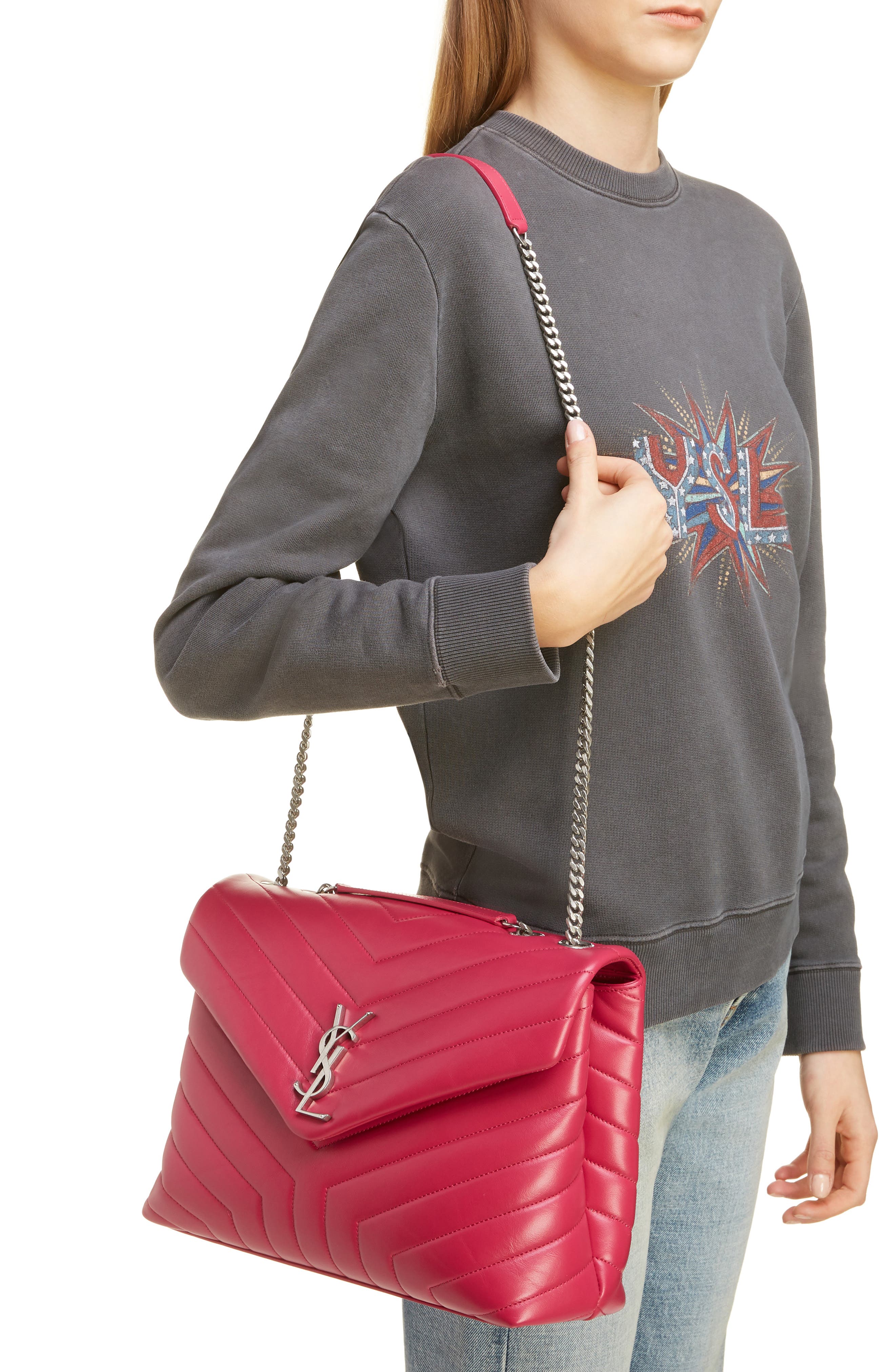 Saint Laurent Medium LouLou Calfskin Leather Shoulder Bag, Alternate, color, Freesia/ Freesia