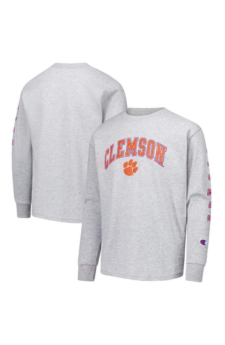 Champion Youth Champion Gray Clemson Tigers Distressed Arch Over Logo Long Sleeve T-Shirt, Main, color, Gray