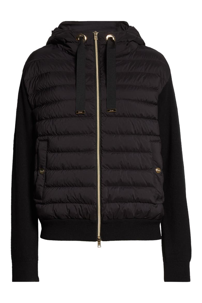 Knit Sleeves Hooded Down Puffer Jacket, Alternate, color, BLACK
