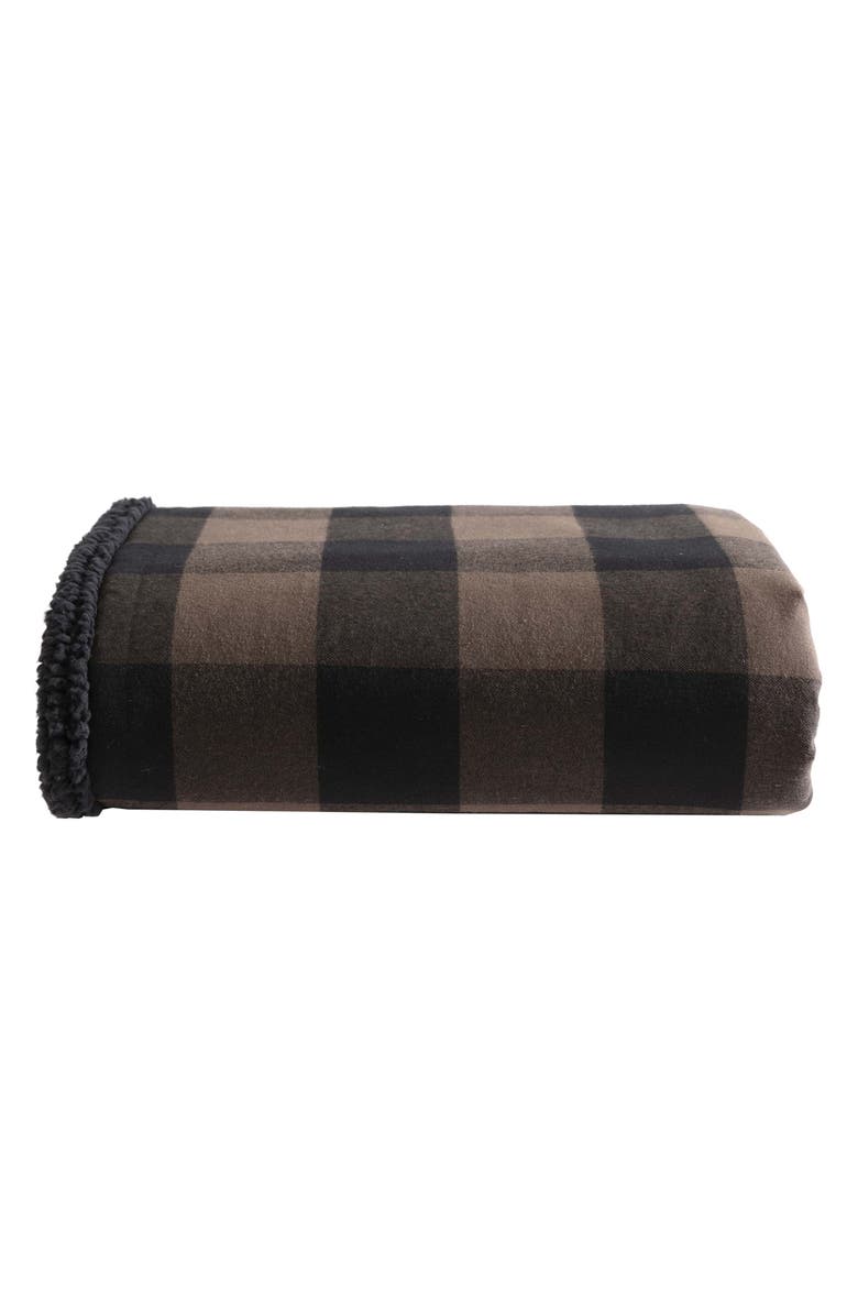 Eddie Bauer Cabin Plaid Faux Shearling Throw Blanket, Main, color, Brown
