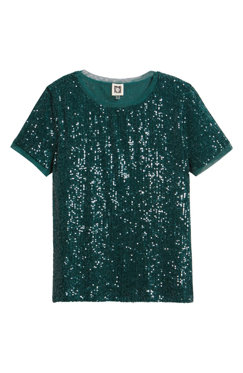 Anne Klein Short Sleeve Sequin Mesh Top, Alternate, color, Pine Forest