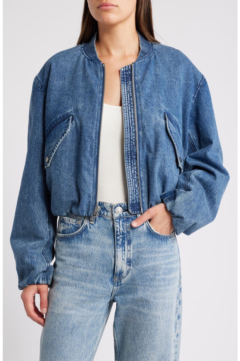 Maggie Crop Denim Bomber Jacket, Main, color, AMARA