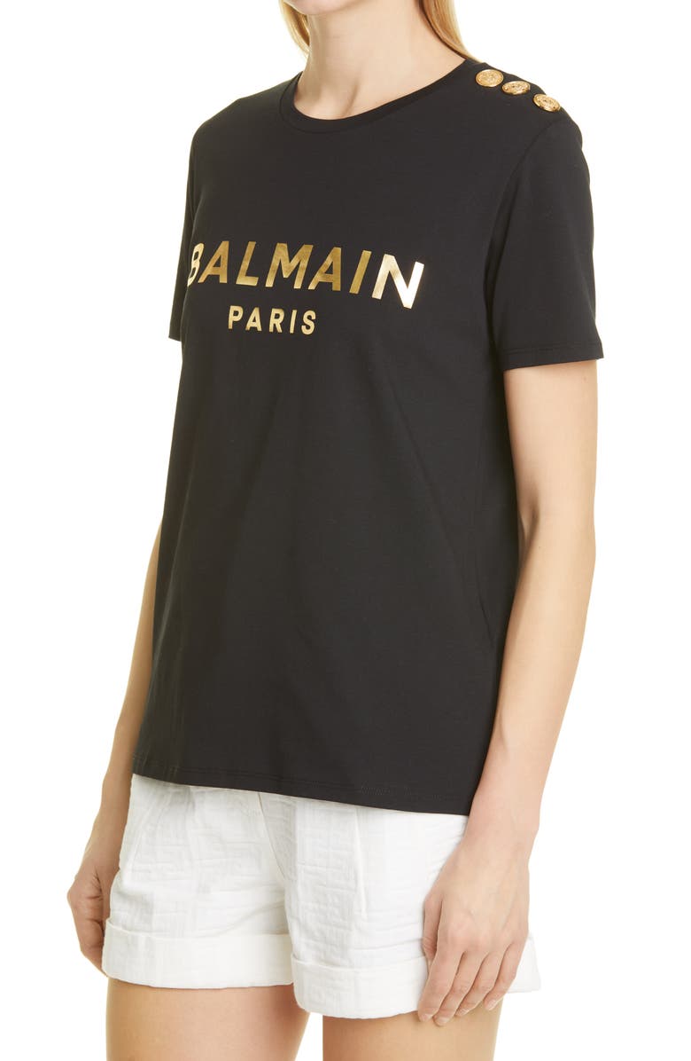 Balmain Button Shoulder Metallic Logo Graphic Tee, Alternate, color,