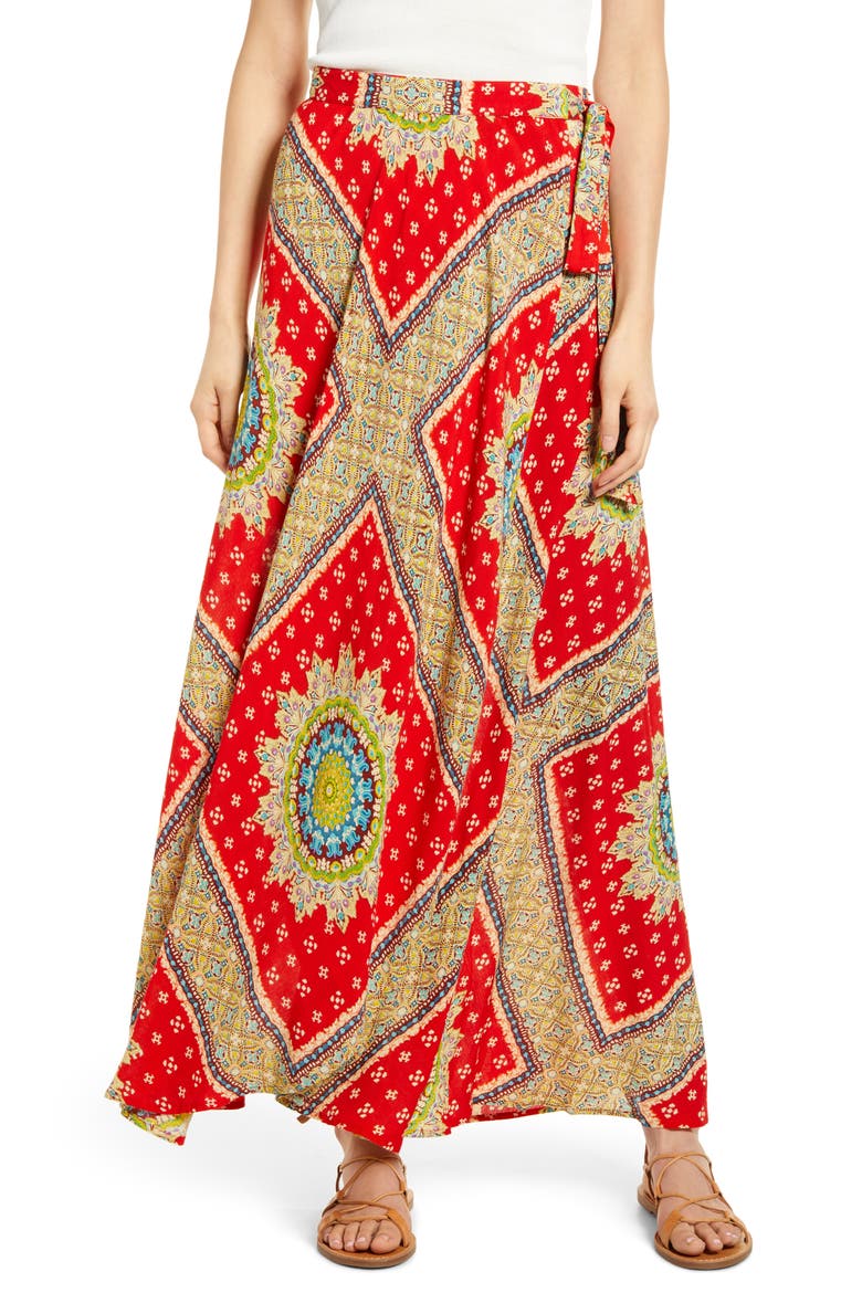 Foulard Print Wrap Skirt, Main, color, RED/ BEIGE