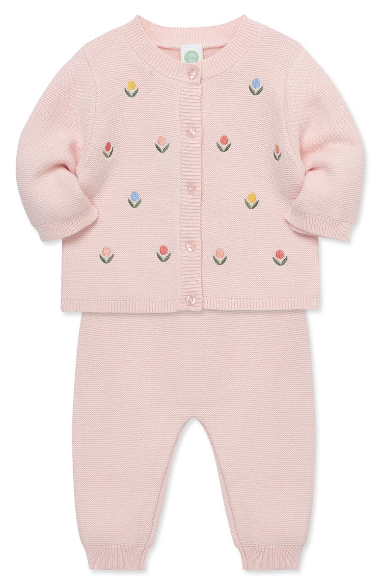 Little Me Floral Embroidered Cotton Cardigan & Sweater Pants Set, Alternate, color, 