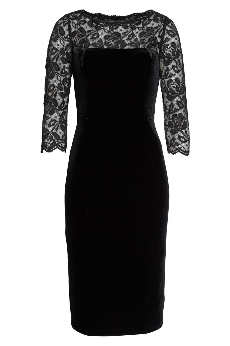Lace & Velvet Sheath Dress, Alternate, color, BLACK