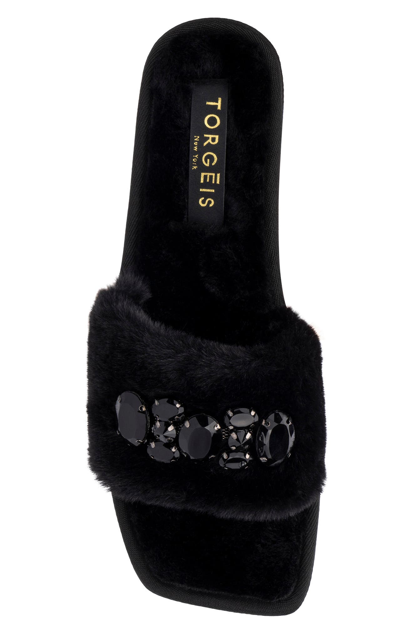 TORGEIS Isabella Embellished Faux Fur Slipper, Alternate, color, Black