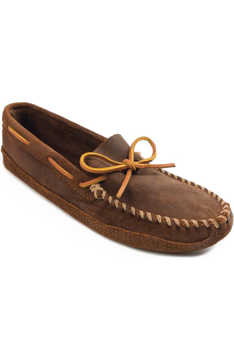 Minnetonka Suede Sole Loafer, Main, color, Brown