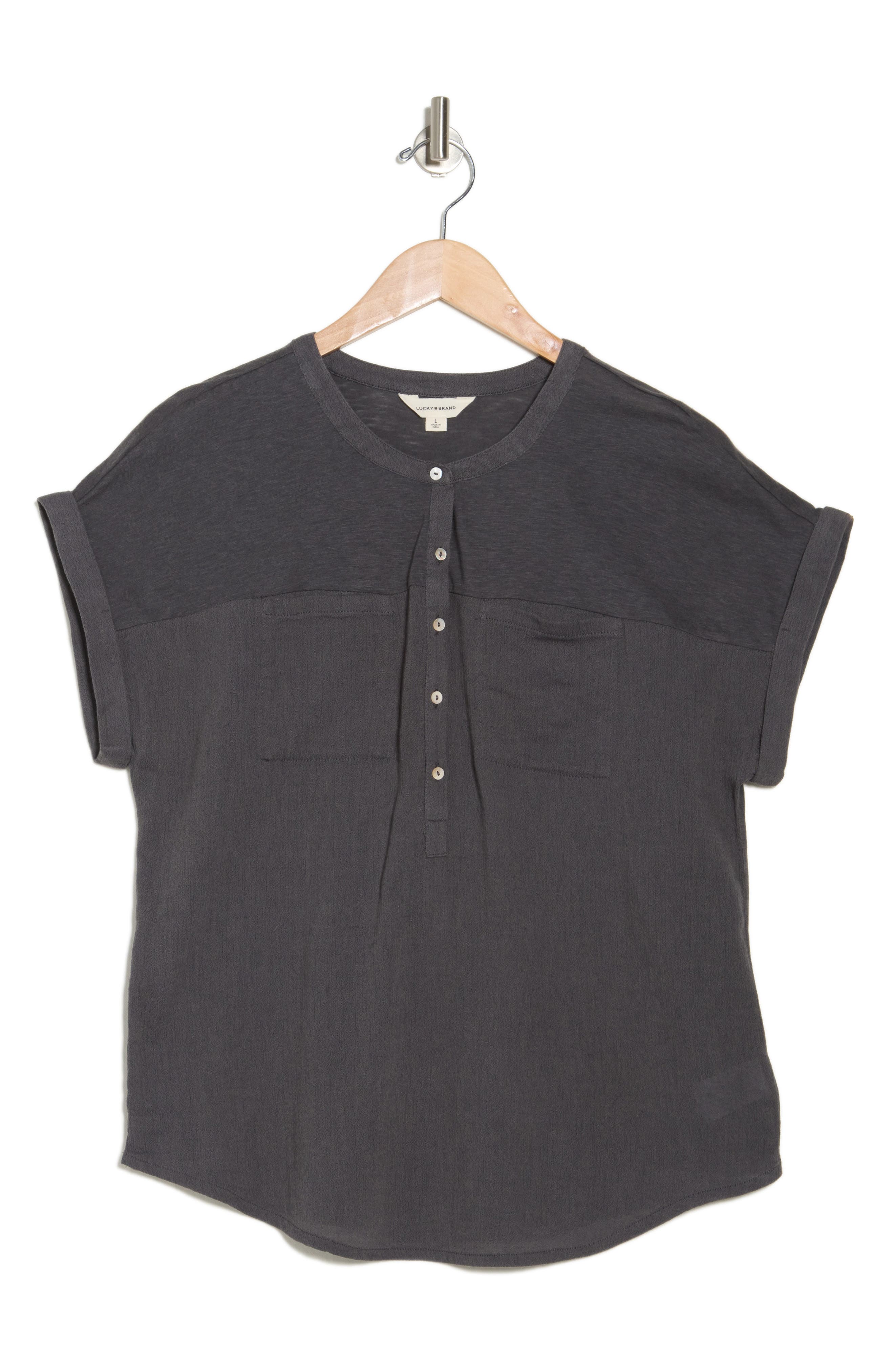 Lucky Brand Mixed Media Short Sleeve Cotton Henley Top