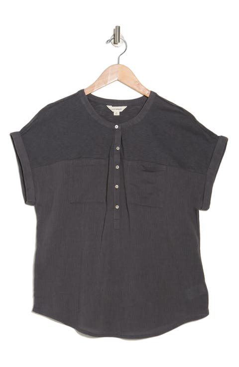 Mixed Media Short Sleeve Cotton Henley Top