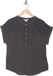 Lucky Brand Mixed Media Short Sleeve Cotton Henley Top