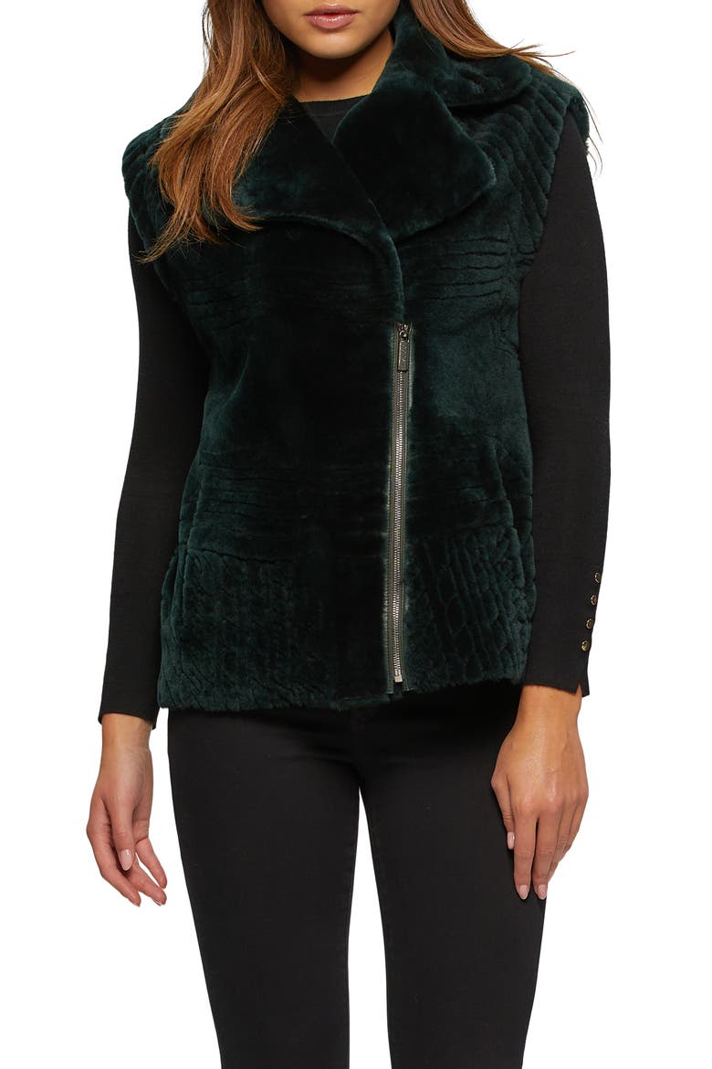 Genuine Shearling Zip Vest With Grooved Pattern, Main, color, EMERALD