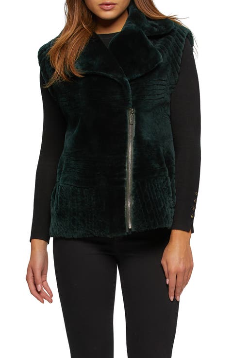 Genuine Shearling Zip Vest With Grooved Pattern