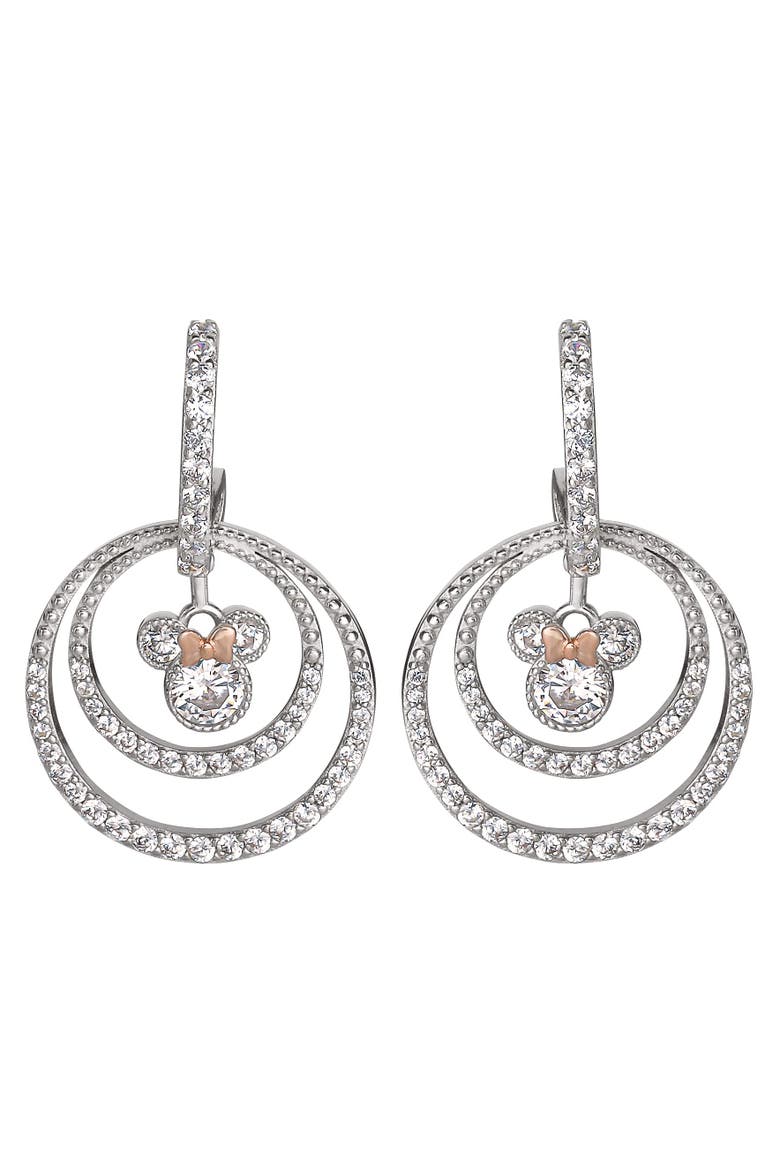 Minnie Mouse Jewelry, Double Hoop Cubic Zirconia Dangle Earrings, Main, color, Metallic Silver