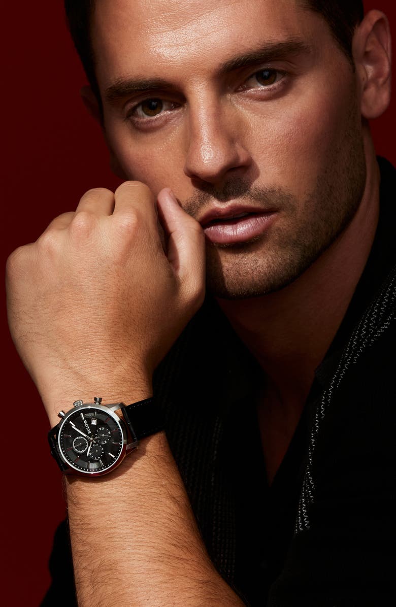 BULOVA Sutton Leather Strap Chronograph Watch, 41mm, Alternate, color, Silver-Tone