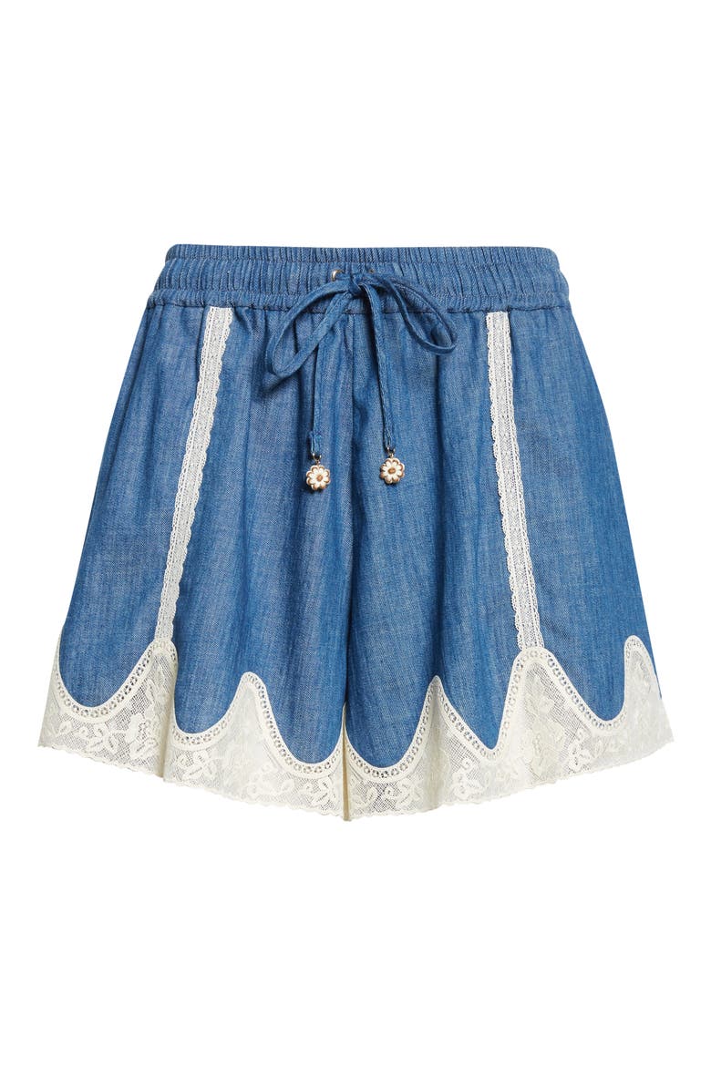 Awaken Lace Trim Denim Shorts, Alternate, color, RAILWAY BLUE