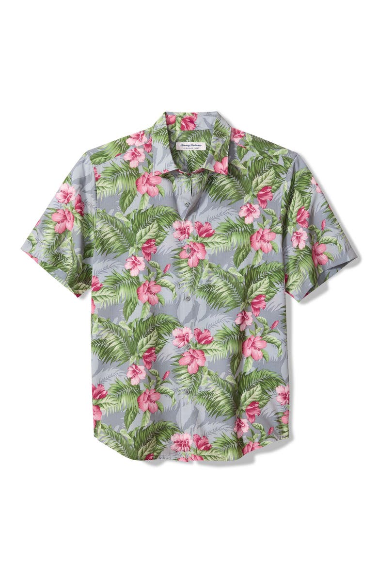 Bahama Coast Hibiscus Shade Floral IslandZone® Short Sleeve Button-Up Shirt, Main, color, ALLOY STEEL