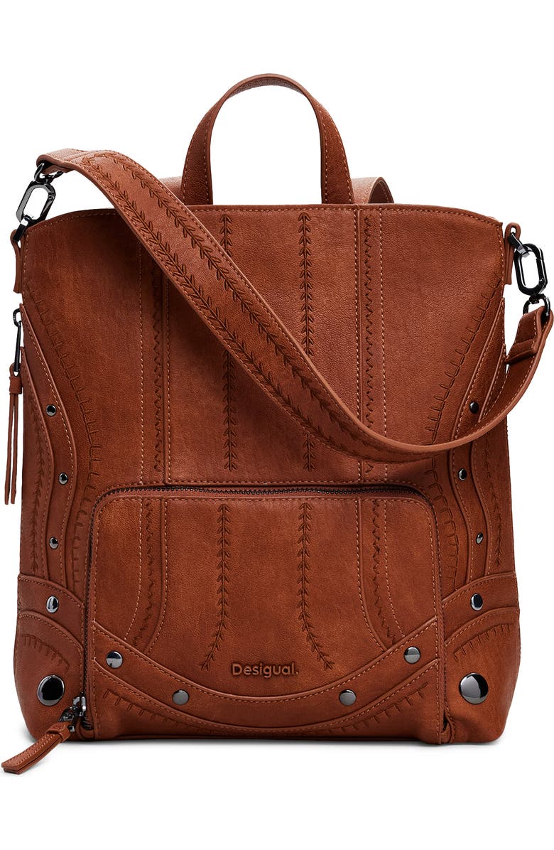 Desigual Mini Embroidered Faux Leather Backpack, Main, color, Camel