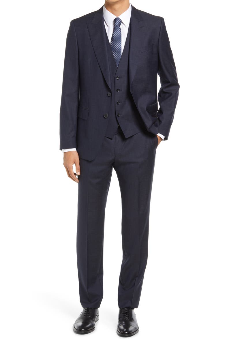 BOSS Huge Slim Fit Check Wool Three Piece Suit, Main, color,