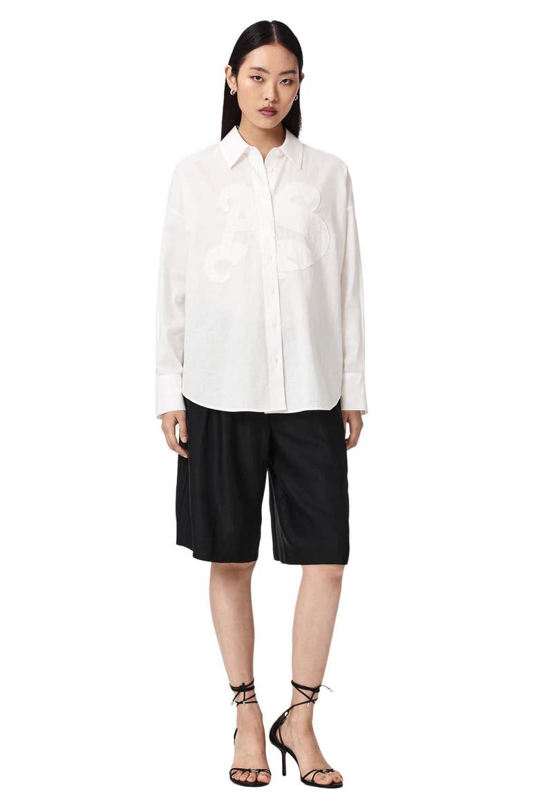 Sparrow Embrodiered Logo Appliqué Linen & Cotton Button-Up Shirt, Alternate, color, OPTIC WHITE