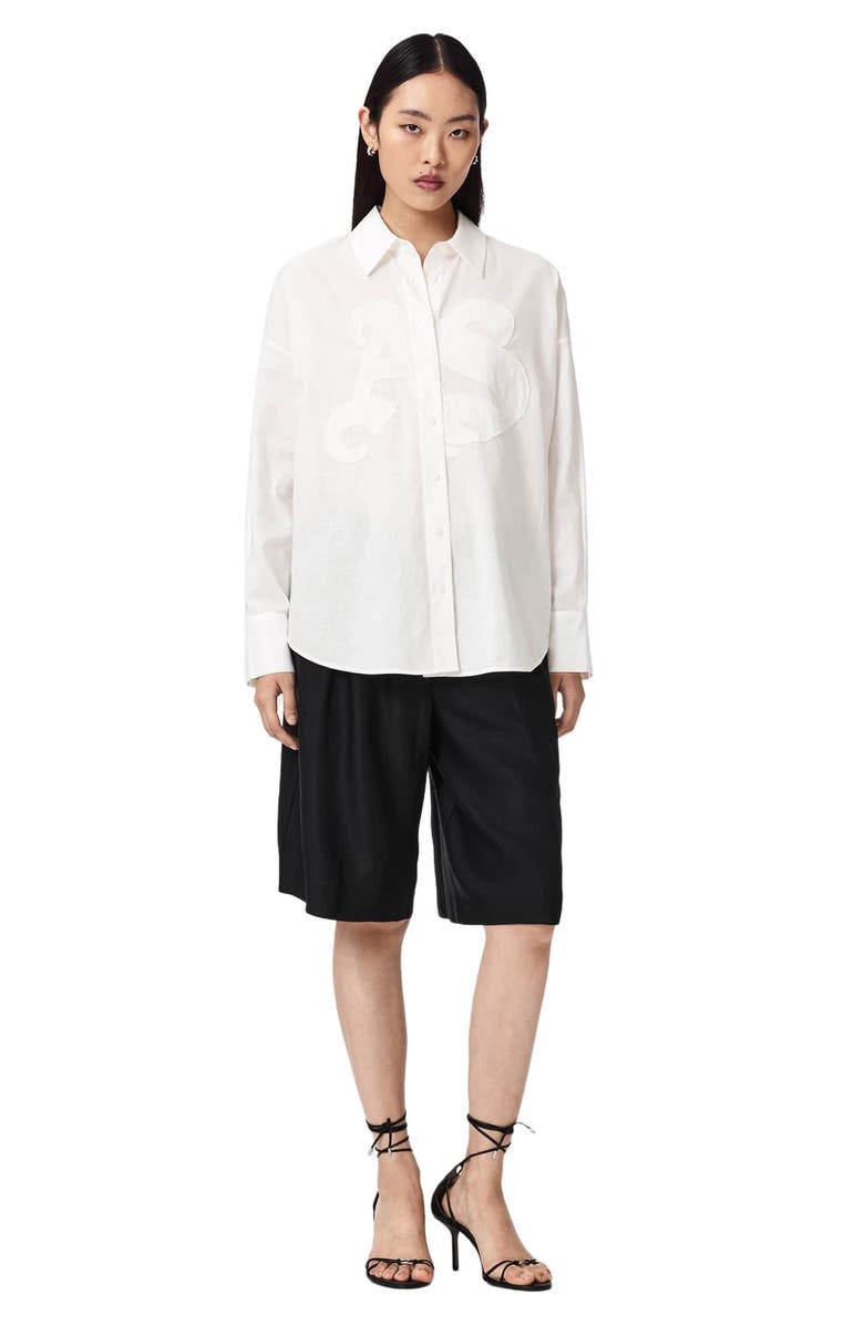 AllSaints Sparrow Embrodiered Logo Appliqué Linen & Cotton Button-Up Shirt, Alternate, color, Optic White