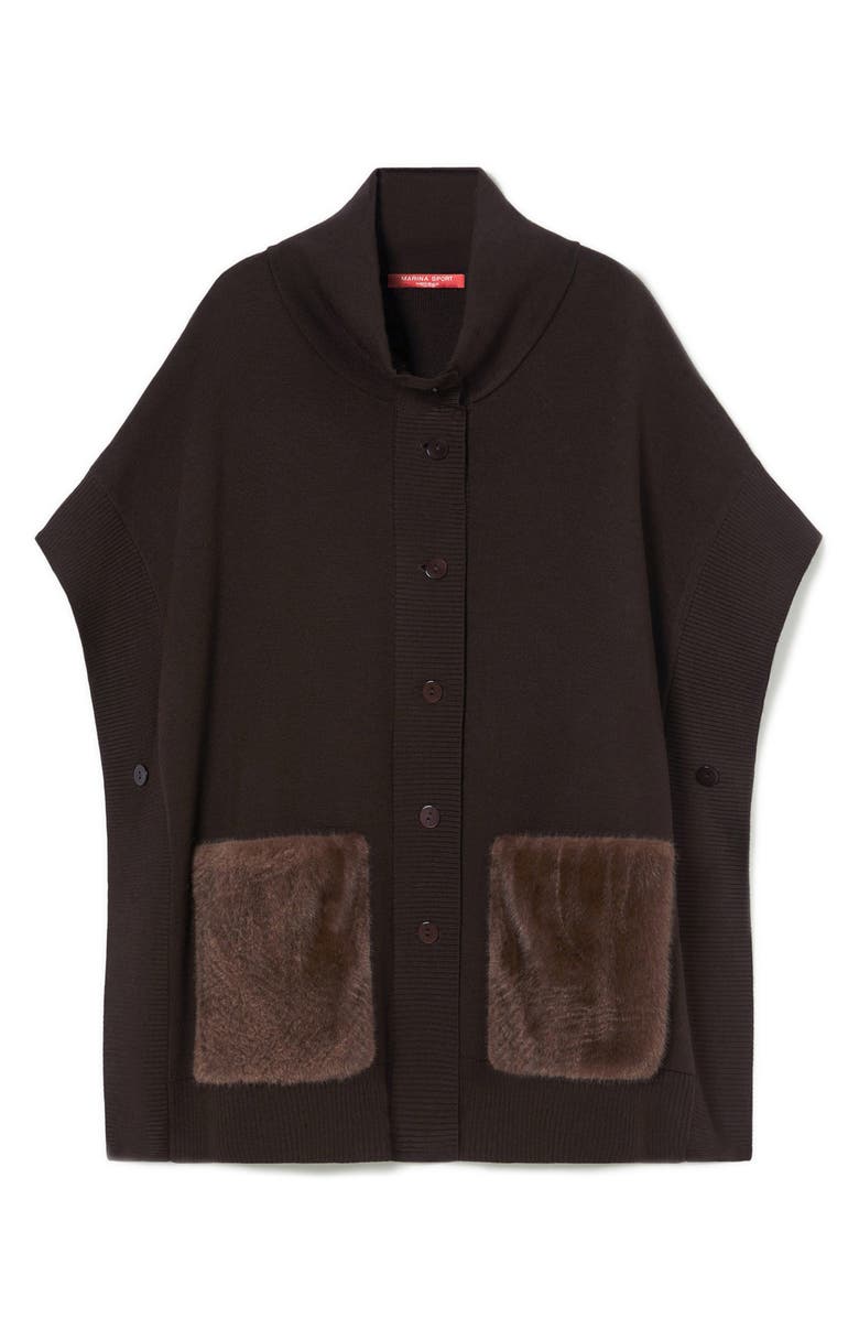 Marina Rinaldi Ottico Faux Fur Pocket Jersey Knit Poncho, Alternate, color, Chocolate