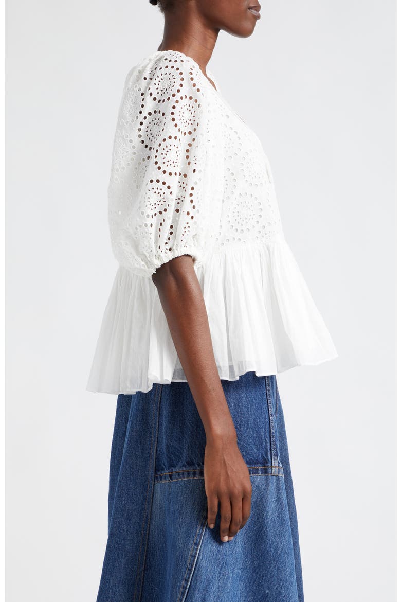 Maeve Eyelet Puff Sleeve Peplum Top, Alternate, color, WHITE