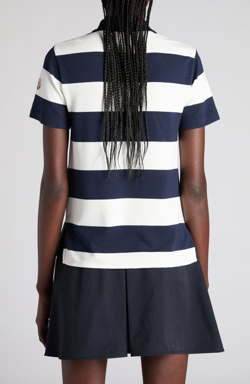 Moncler White Stripes Ss Polo In Blue