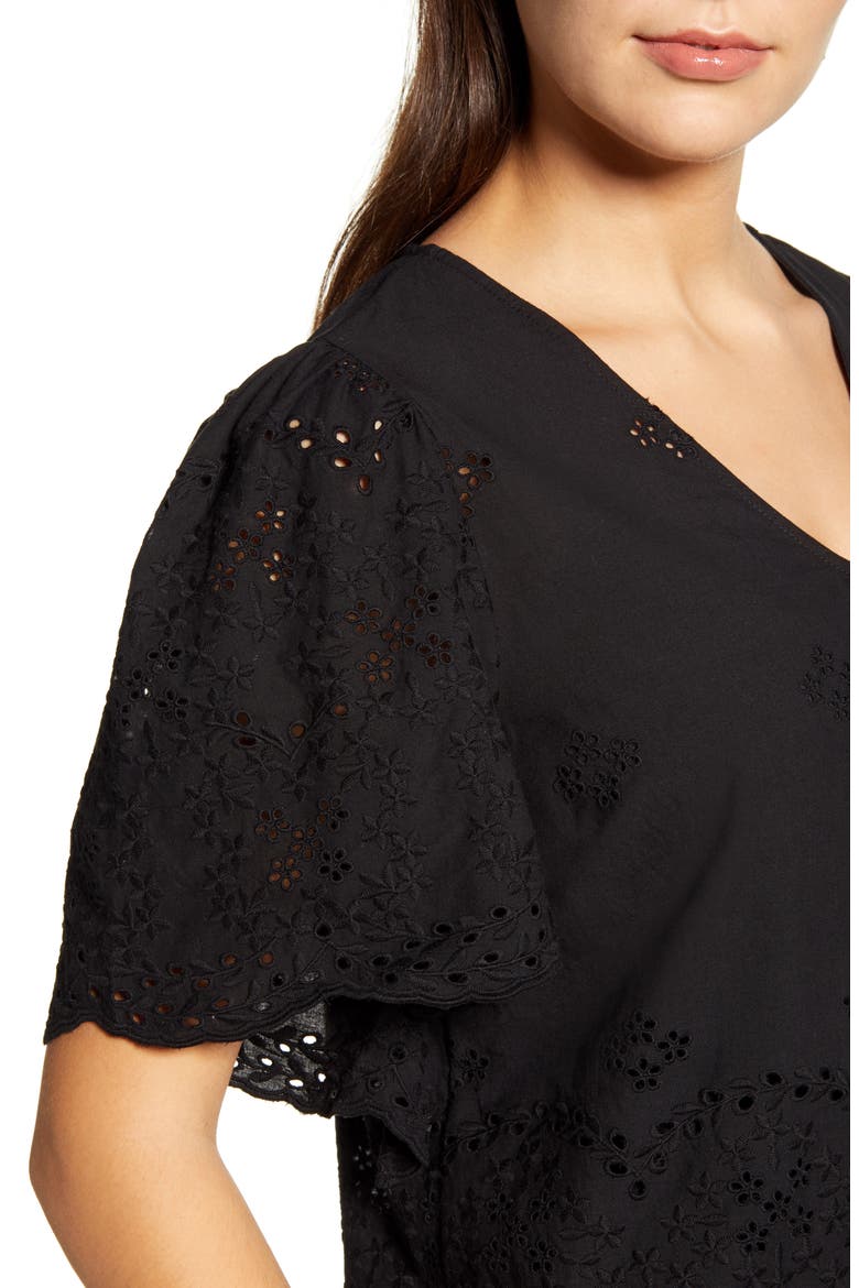 Nyla Flutter Sleeve Cotton Eyelet Top, Alternate, color, BLACK