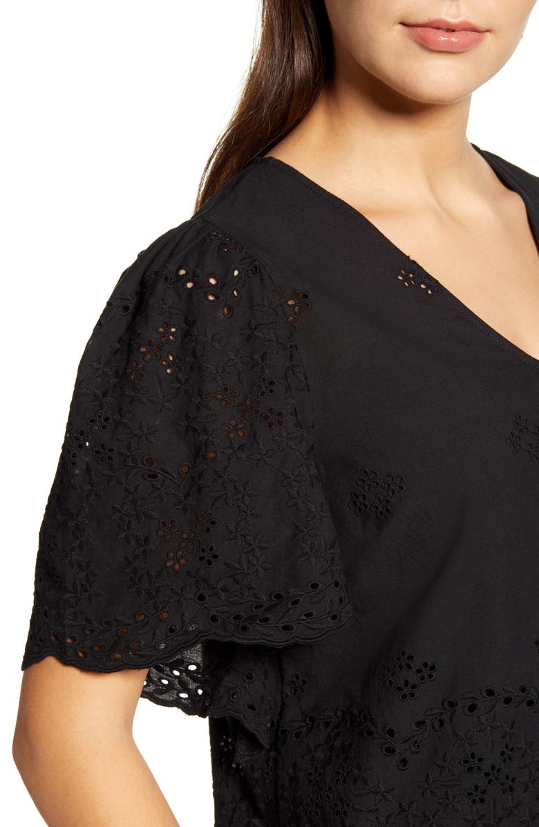 Bobeau Nyla Flutter Sleeve Cotton Eyelet Top, Alternate, color, 