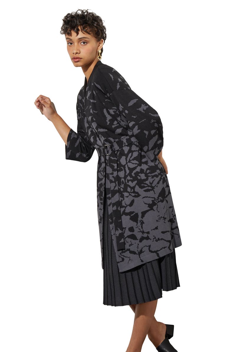 Ming Wang Floral Jacquard Belted Jacket, Alternate, color, Blk/Granite